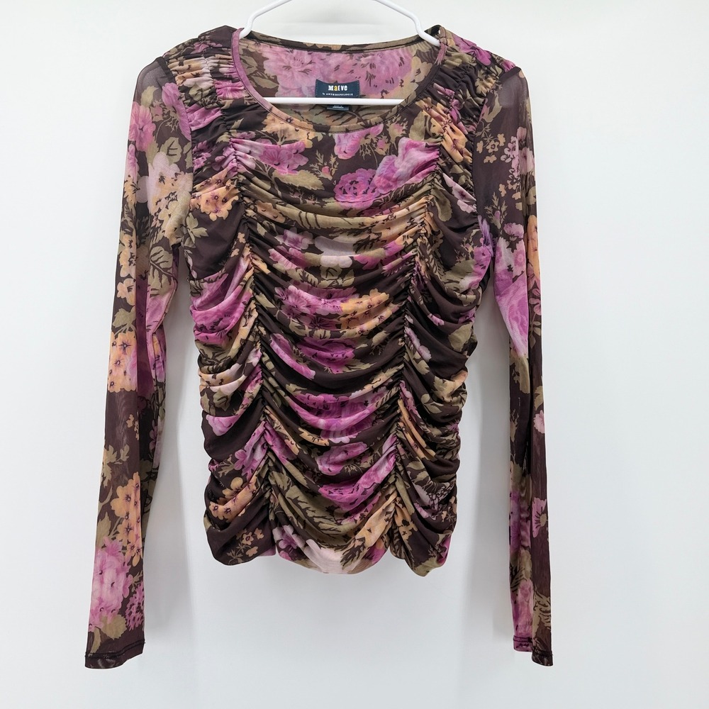 Maeve Anthropologie Ruched Mesh Floral Long Sleeve Top Brown Pink Small